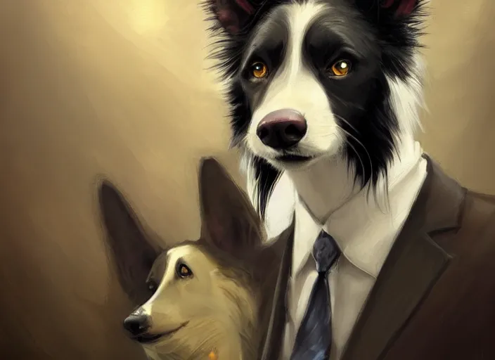 Prompt: wide angle beautiful full body portrait of a strong male anthropomorphic anthro border collie fursona in a suit sitting in a parlor room, character design by charlie bowater, henry asencio, and ross tran, disney, detailed, aesthetic, trending on artstation, furaffinity, deviantart