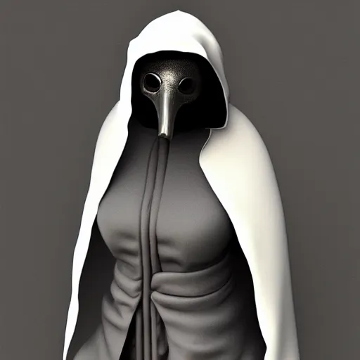 Prompt: female plague doctor donning a black hood, armor and a white crow mask, trending on artstation