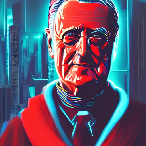 Image similar to cyberpunk franklin delano roosevelt as the leader of a futuristic communist nation, cybernetics, sharp lines, digital, artstation, colored in