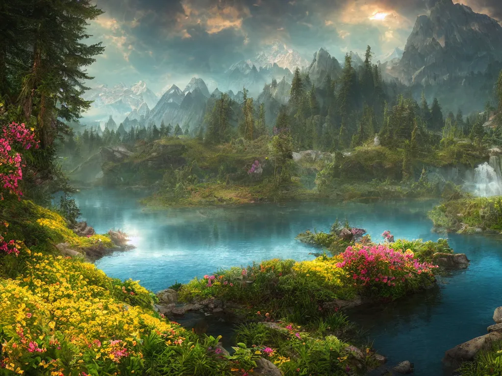 Image similar to a epic view of a mountainous lake, forest, flowers, concept art, trending on, very detailed, unreal engine, 4 k, photoreal, volumetric lighting, light rays, epic composition, warm colors, angelic