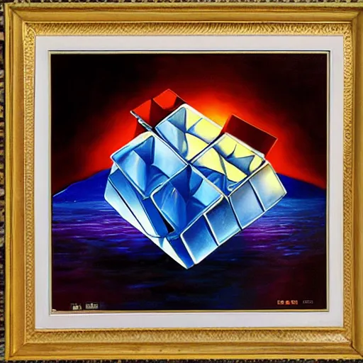 Image similar to movie poster, magic cube on oil sea, oil painting