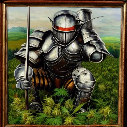 Prompt: a high detailed oil painting of a full armored knight squatting in a field of cannabis plants