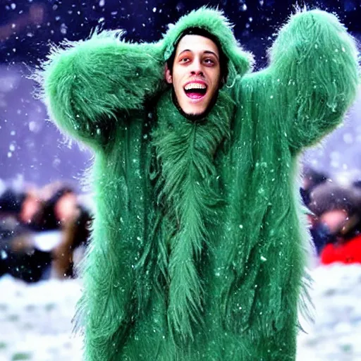 Prompt: pete davidson dressed in a fuzzy green yeti costume in the snow with fire exploding behind him
