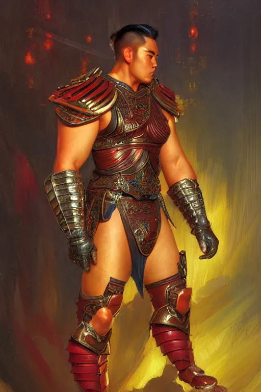 Prompt: attractive beefy male with armor, asian style, character design, colorful, neon lights, painting by gaston bussiere, craig mullins, j. c. leyendecker, tom of finland