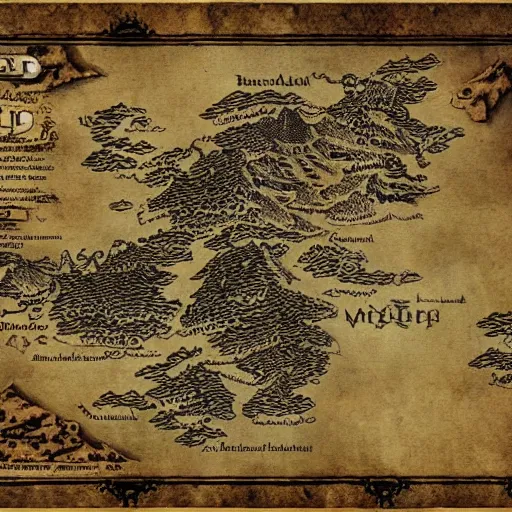 Image similar to middle earth style world map, medieval map, 8 k,