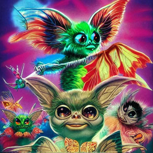 Image similar to gremlins vs mothra art by Noriyoshi Ohrai and Lisa Frank