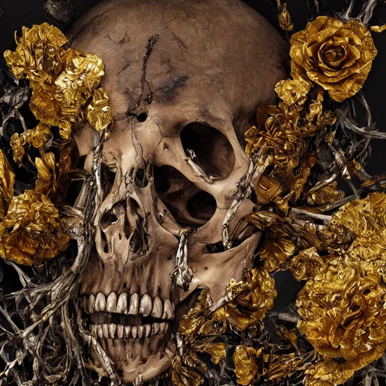 Image similar to A beautiful oil painting hyperrealism of a decayed black skeleton head, rotting black clay skin, bones, close up, gold flowers, gold floral headdress, 8k resolution, octane render, Trending on artstation, by Gediminas Pranckevicius, volumetric light 2blue fractal Thunder glow by dan mumford, anaglyph effect, Laurie Lipton