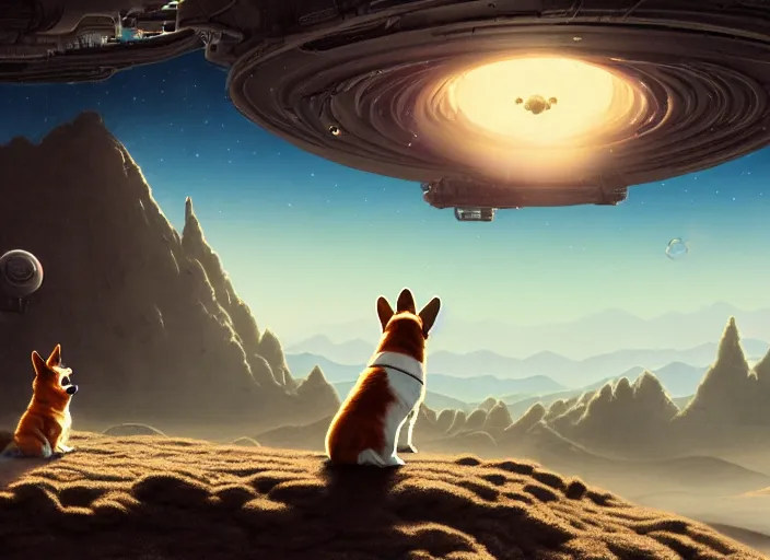 Image similar to highly detailed illustration of a corgi visiting an alien planet, artstation, cinematic lighting, hyperdetailed, cgsociety, 8k, high resolution, by Norman Rockwell, insanely detailed and intricate