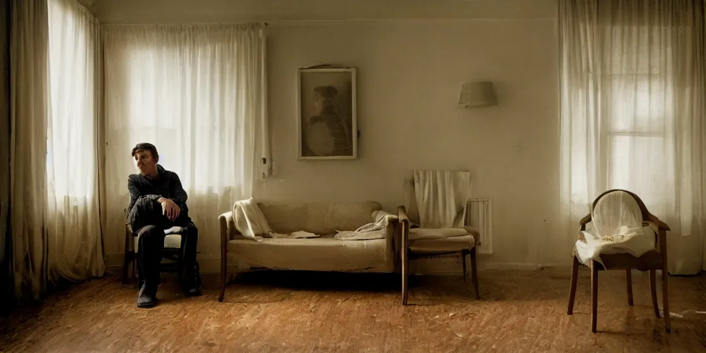 Prompt: photograph of lonesome person sitting on a small chair in a dimly lit room. it's a apartment with 1 9 7 0 s furniture. style of gregory crewdson. intricate detail.