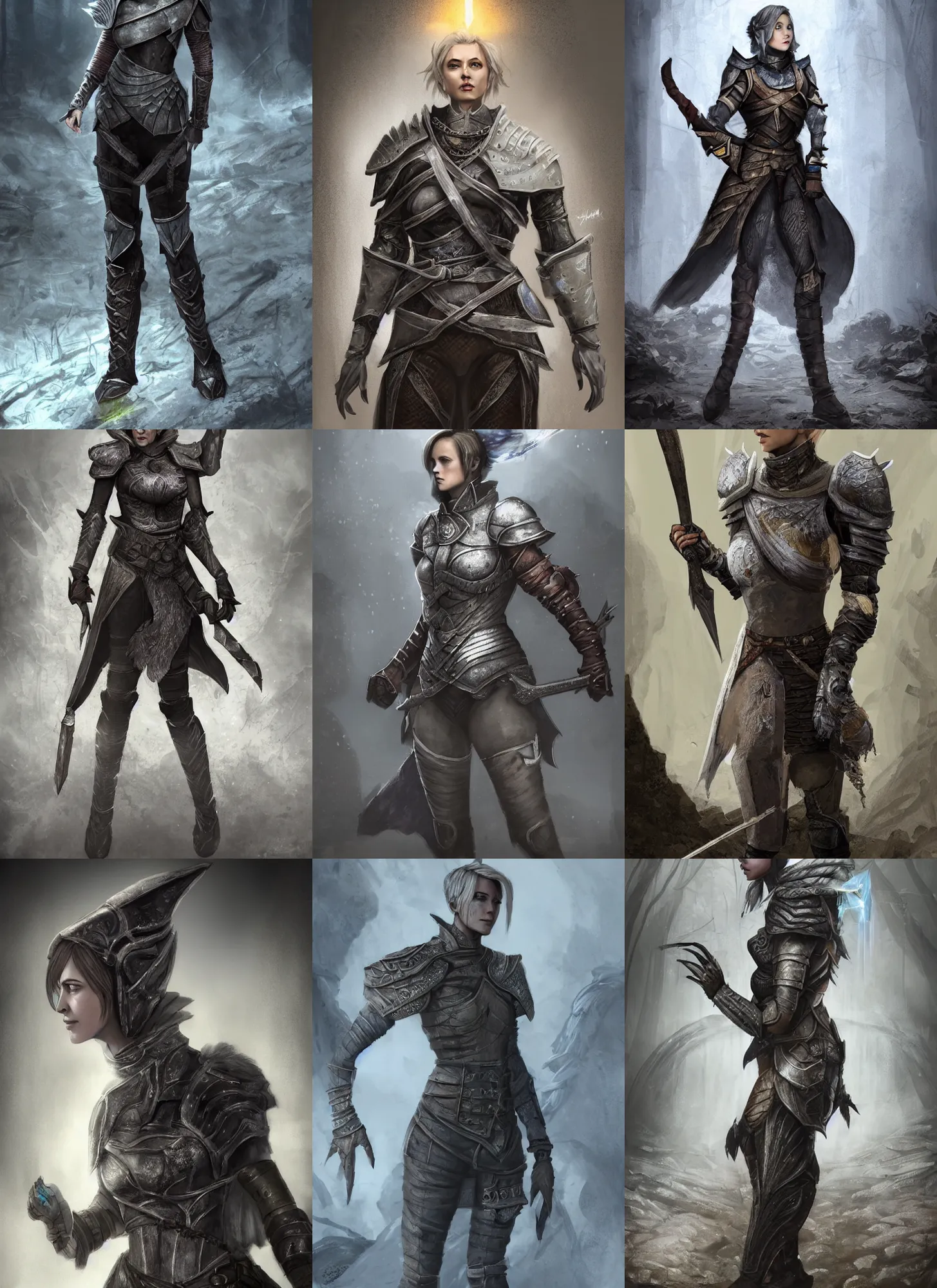 Prompt: full body character portrait of a female grey warden from dragon age standing in broken muddy underground ruins wearing grey warden armor, dragon age concept art, dragon age concept art, illustration, digital painting, matte painting, realistic lighting, with a realistically proportioned face, glowing eyes, photorealistic eyes, good value control, realistic shading, realistic face details