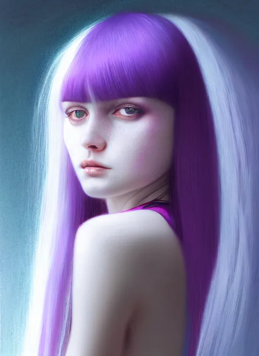 Image similar to hair whitebangs hair, black hair, whitebangs, portrait of teenage girl with white bangs, red irises, purple clothes, white bangs, bangs are different color from hair, intricate, elegant, glowing lights, highly detailed, digital painting, artstation, concept art, smooth, sharp focus, illustration, art by wlop, mars ravelo and greg rutkowski