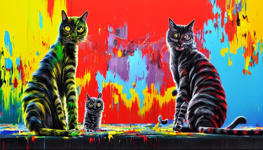 Prompt: contemporary semi abstract acrylic painting of really tall sitting damaged zombie cats by makoto shinkai, by eduardo kobra, kessler art, thick brush strokes and visible paint layers, multicolor color scheme