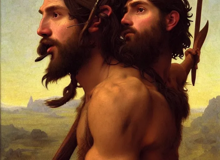 Image similar to renaissance painting full body portrait of a gruff ranger with a spear, lean and toned, handsome face, hairy chest and hairy body, D&D, intricate, elegant, highly detailed, digital painting, artstation, concept art, matte, sharp focus, chiaroscuro, well list, illustration, art by Artgerm and Greg Rutkowski and Alphonse Mucha