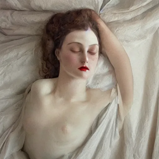 Prompt: liquid marble acrylic paint from victorian era of beautiful model sleeping in white curtains, surreal