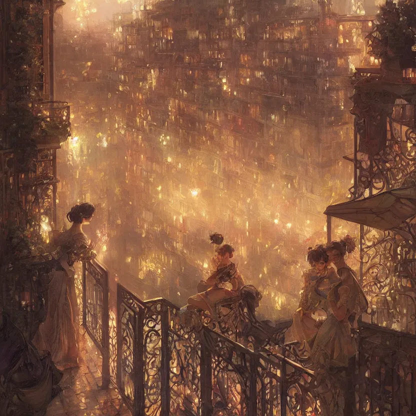 Image similar to a beautiful realistic painting of a firework festival on a balcony at night, intricate, elegant, highly detailed, digital painting, artstation, nier automata concept artsyle, by krenzcushart, artem demura, makoto shinkai, alphonse mucha