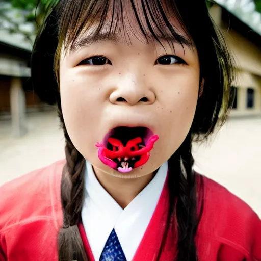 Prompt: National Geographic photo of angry japan school girl with spiders in her mouth