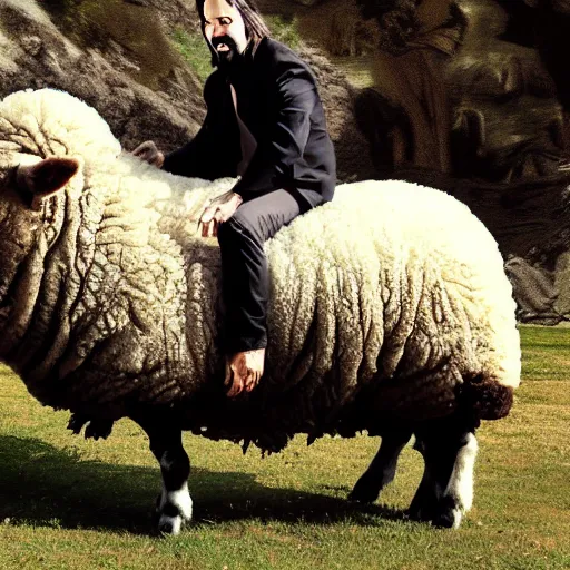 Prompt: morbidly obese keanu reeves riding a sheep, photo, detailed, 4 k