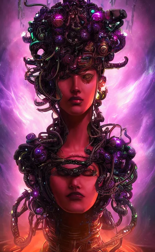 Prompt: An epic fantasy comic book style portrait painting of a very beautiful nebulapunk Medusa with symmetrical facial features and lots of cyberpunk and cybernetic bio-luminiscent snakes as hair, awesome pose, centered, full body, vibrant dark mood, unreal 5, hyperrealistic, octane render, cosplay, RPG portrait, Sci-fi, arthouse, dynamic lighting, intricate detail, cinematic, HDR digital painting, 8k resolution, enchanting, otherworldly, sense of awe, award winning picture, Hyperdetailed, blurred background, airbrush, backlight, 3d rim light, Gsociety, trending on ArtstationHQ, maximalist, dreamscape, Rococo, surreal dark art, iridiscent accents, lovecraftian inspiration
