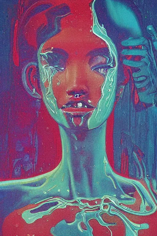 Image similar to 8 0 s art deco close up portait of miss of the world, rain like a dream oil painting curvalinear clothing cinematic dramatic cyberpunk textural fluid lines otherworldly vaporwave interesting details fantasy lut epic composition by basquiat zdzisław beksinski james jean artgerm rutkowski moebius francis bacon gustav klimt