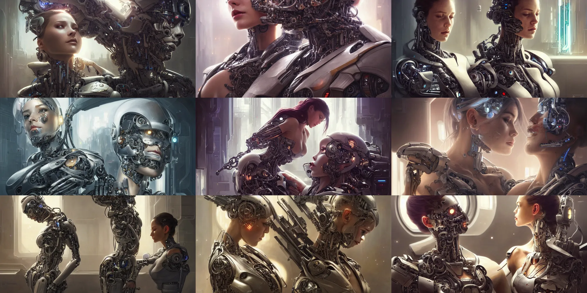 Prompt: Ultra realistic illustration, beautiful alluring damaged cyborg being put back together in an super advanced military medical bay, gorgeous face, cyberpunk, sci-fi, fantasy, intricate, elegant, highly detailed, digital painting, artstation, concept art, smooth, sharp focus, illustration, art by artgerm and greg rutkowski and alphonse mucha