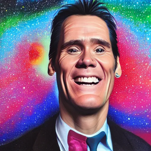 Image similar to jim carrey big smile exploding head, cosmic starfield background oil painting masterwork trending on artstation