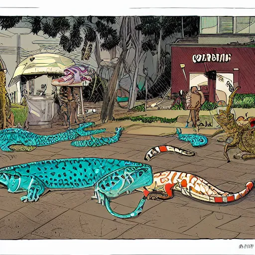 Image similar to tabby cat alligator pool “ geoff darrow ” production art