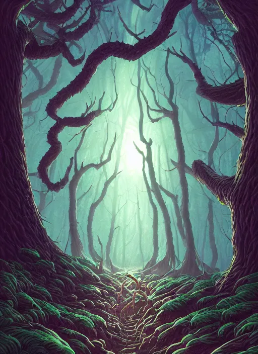 Image similar to evil tree in a dark forest by dan mumford, yusuke murata, makoto shinkai, ross tran, cosmic, intricate detail, cinematic, 8 k, cel shaded, unreal engine, featured on artstation, pixiv