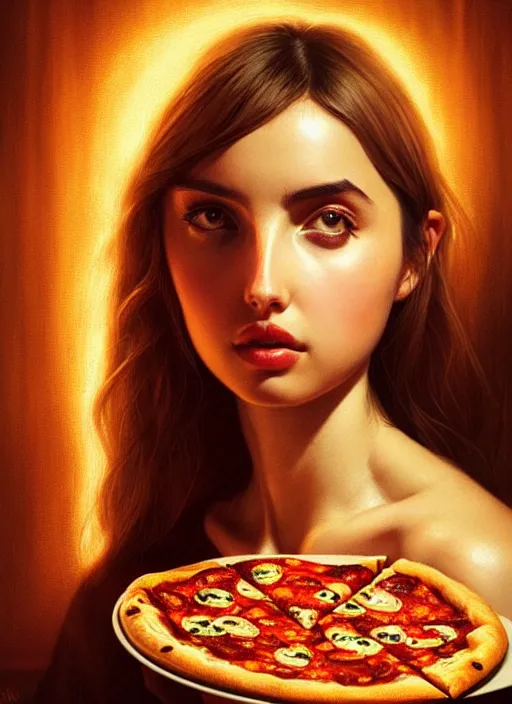 Prompt: portrait of ana de armas eating pizza, intricate, elegant, glowing lights, highly detailed, digital painting, artstation, concept art, smooth, sharp focus, illustration, art by wlop, mars ravelo and greg rutkowski