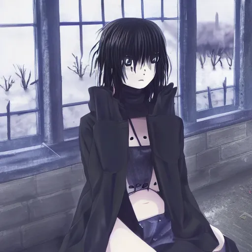 Image similar to 1 7 - year - old anime goth girl, black hair, long bob cut, long bangs, gothic coat, long bangs, united kingdom, rainy day, small town, midlands, english village, street scene, ultra - realistic, sharp details, cold lighting, blue and gray colors, intricate details, subsurface scattering, hd anime, 2 0 1 9 anime