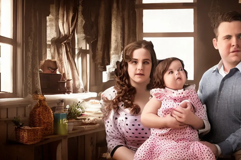 Image similar to charming and chubby parents and their baby girl, wearing a polka dot cloths and a victorian - style hairdo, sits in the large and bright studio. sunlight enters through the barred window. very realistic shiny skin. subsurface scattering shiny skin. beautiful lighting, 4 k post - processing, highly detailed, 5 k extremely detailed, 3 d. cinematic scene.