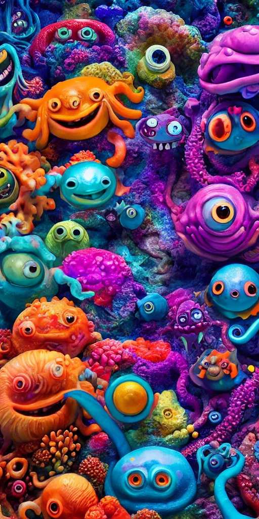 Image similar to of a colorful deep sea cave with strange cute friendly happy creatures with huge eyes, mouth, long tongue and round teeth appearing from sandy coral, in the style of gehry and gaudi, macro lens, shallow depth of field, ultra detailed, digital painting, trending artstation, concept art, illustration, cinematic lighting, photorealism, epic, octane render