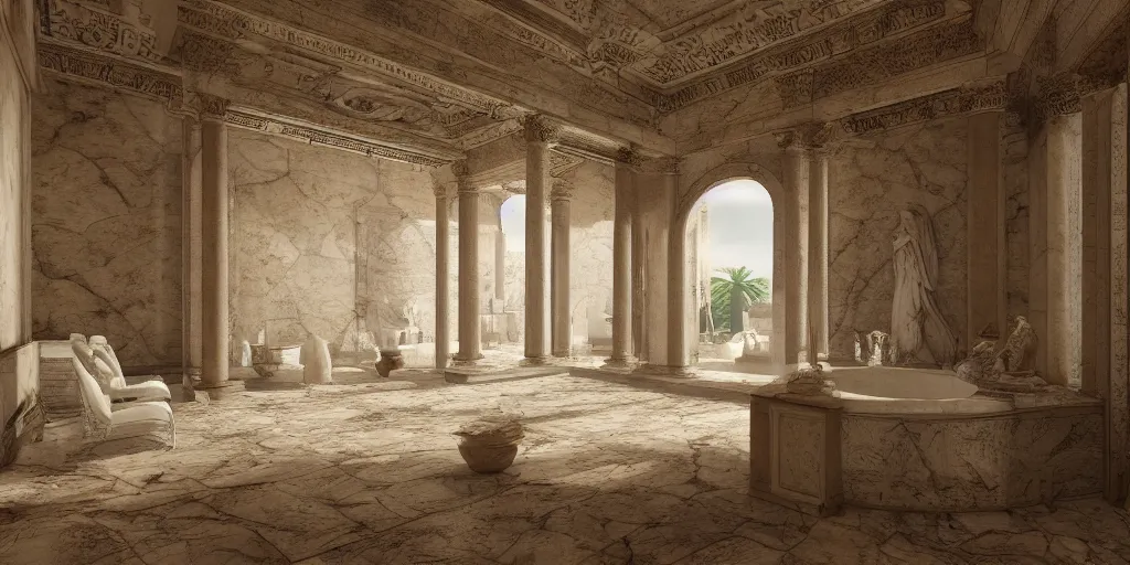 Prompt: a detailed CGI rendered picture of an elegant bath house in ancient Rome, shot in wide angle, with soft lighting. Digital art render, artstation, ultra detailed