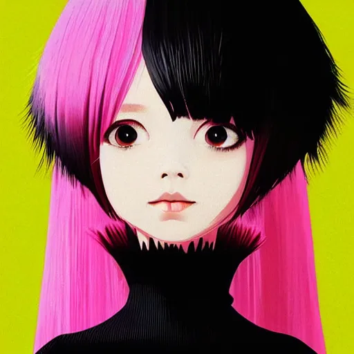 Image similar to little girl with an pink bizarre haircut wearing an dress made of black feathers, artwork made by ilya kuvshinov