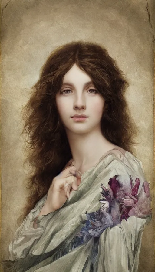 Image similar to An extremely beautiful pre-raphaelite ornate portrait of a beautiful young attractive woman, professionally painted digital art illustration, smooth, sharp focus, atmospheric lighting, highly detailed illustration highlights, golden ratio, extremely detailed winning award masterpiece, 8K post-processing