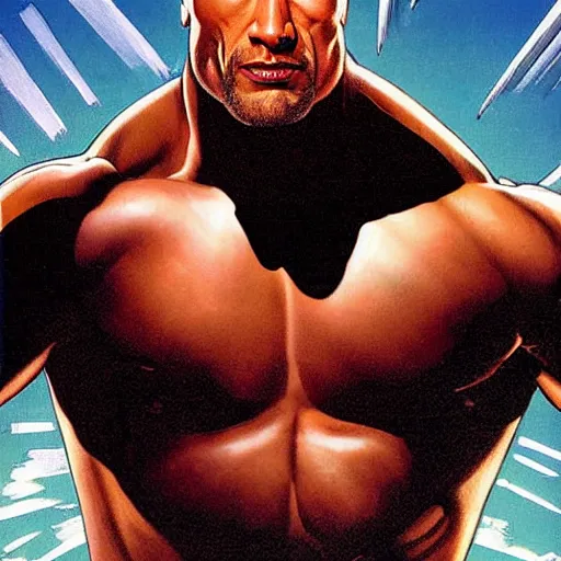 Image similar to dwayne johnson as professor x, graphic novel drawing by alex ross