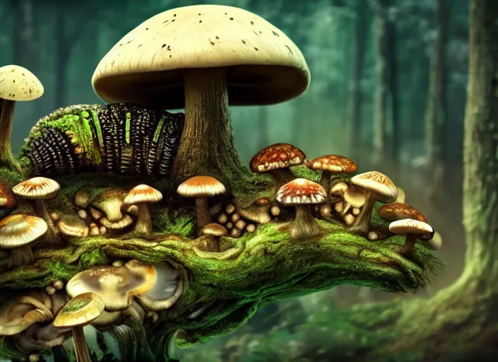 Image similar to intricate mechanical caterpillar sitting on top of a mushroom in a magical forest. Very detailed 8k. Fantasy cyberpunk horror. Sharp. Cinematic post-processing