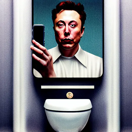 Image similar to hyperrealism aesthetic ridley scott and denis villeneuve and gaspar noe style photography of a detailed hyperrealism elon musk, siting on the detailed hyperrealism toilet bowl and scrolling his detailed smartphone in hyperrealism scene from detailed art house movie in style of alejandro jodorowsky and wes anderson hyperrealism volumetric ambient light