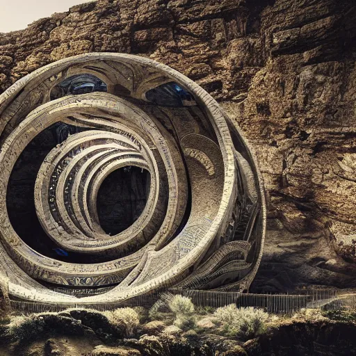 Prompt: a gigantic paleolothic torus made of stone with highly detailed carvings of intricate shamanic robotic electronics and circuitry in a mediterranean lanscape inside a valley overlooking the sea in the style of michal karcz