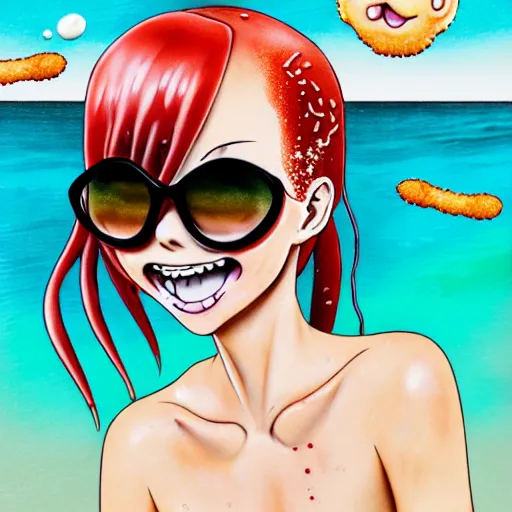 Prompt: Extremely Detailed and Full Portrait scene of Gooey Ocean scene in ink and refined sand, Red head pigtail anime woman with freckles on her face and shades on face. wearing a sundress full body smiling while eating a sloppy cheese burger. The cheeseburger is leaking red sauce all over the place by Akihito Yoshitomi AND Yoji Shinkawa AND Greg Rutkowski, Mark Arian trending on artstation