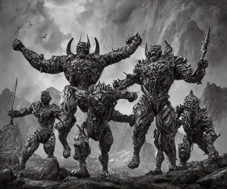 Prompt: trailcam footage grotesque horrific stylistic vray 3 d render of silver ornate armor slim bodybuilder handsome warriors in battle, mountains and giant gothic abbeys, hyperrealism, fine detail, 8 k, artsation contest winner, cgsociety, fantasy art, cryengine, brush strokes, oil canvas by mandy jurgens and michael whelan