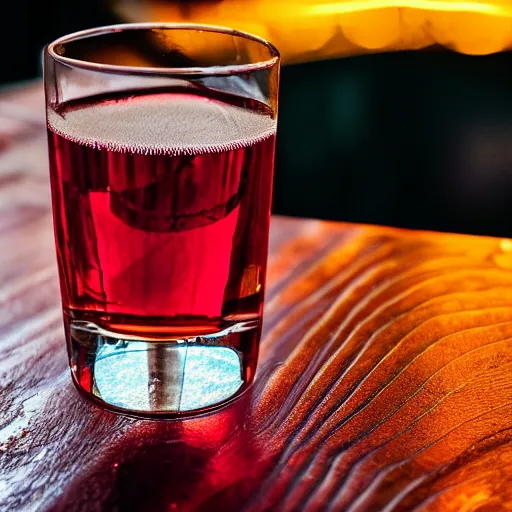 Prompt: a glass of ruby porto on a wooden table in a bar, nice angle, caustics effects, professional food photography