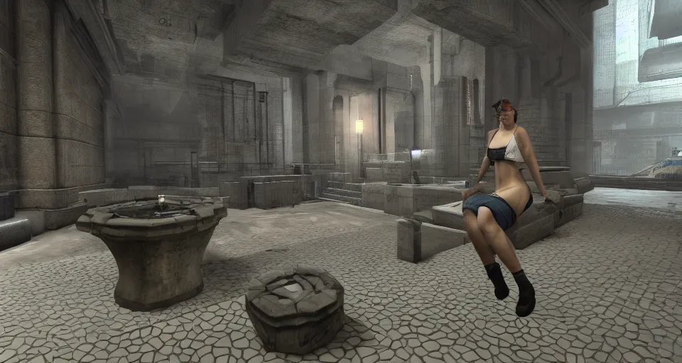 Prompt: Chloe Sevigny NPC sitting at a fountain in a 90s FPS, in the style of Deus Ex, Quake, Unreal Tournament, Half Life, Counter Strike 1.6