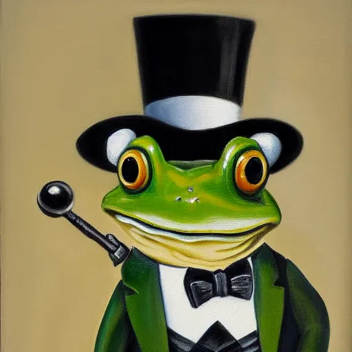 Prompt: a frog in a tuxedo with a top hat smoking a pipe, oil painting, portrait