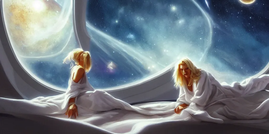 Prompt: pretty woman with blond hair and flowing white robes, sitting sad in spaceship, gazing at view of galaxy in space through a window, by jim burns, peter andrew jones, michael hutter, sharp digital painting. dreaming latent space. matte painting, concept art. artstation. digital render.