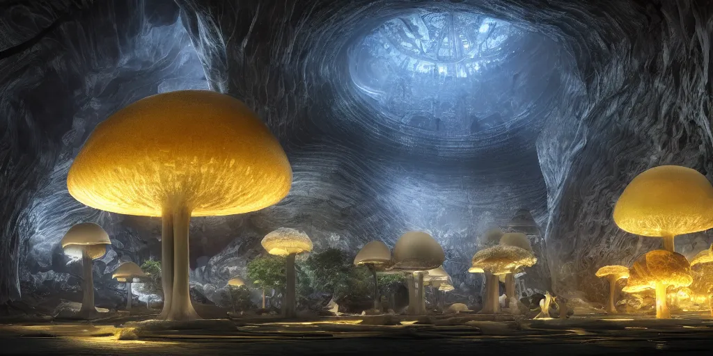 Prompt: Photorealistic exterior of Istiqlal mosque bulit in giant glowing mushroom underworld dark cave, with domes and arches, people and androids wearing traditional japanese clothing. photorealism, UHD, amazing depth, glowing, golden ratio, 3D octane cycle unreal engine 5, volumetric lighting, cinematic lighting, cgstation artstation concept art