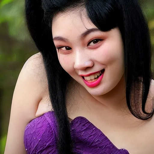 Image similar to zi di had a head of curvy black hair, and her pale skin glistened with sweat, giving her a delicate appearance. her features were defined, and she had a beautiful smile beyond the ordinary. she had a slim body. the most attractive part of her was her big, purple eyes, shining like clear amethyst.