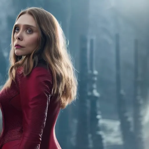 Image similar to A portrait of elizabeth olsen as scarlet witch (2021), cinematic, 8k