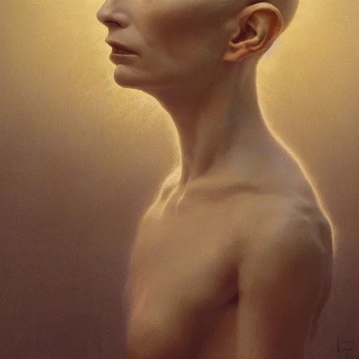 Image similar to Woman masterpiece, Tilda Swinton, beautiful eyes, yellow, golden halo behind her head, wires everywhere, by Edgar Maxence and Ross Tran, Zdzisław Beksiński, and Michael Whelan, distant, gustav dore, H.R. Giger, 8k, octane render