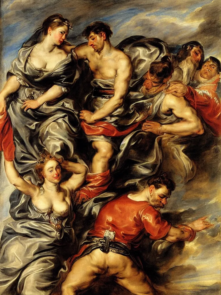 Prompt: a soldier lays his hand on top of the queens head, by peter paul rubens and eugene delacroix, intimate, relaxed posture, high definition, delicate, dimly lit, private moment