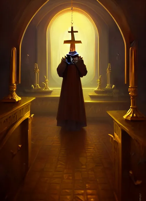 Image similar to surrealistic portrait of anthropomorphic caracal in golden priest clothes wearing vr in orthodox church, bokeh, foggy, dynamic lighting, darkness, ambients, dramatic, foggy, heavy bokeh and blur, cinematic, depth of field, art by bussiere rutkowski andreas rocha